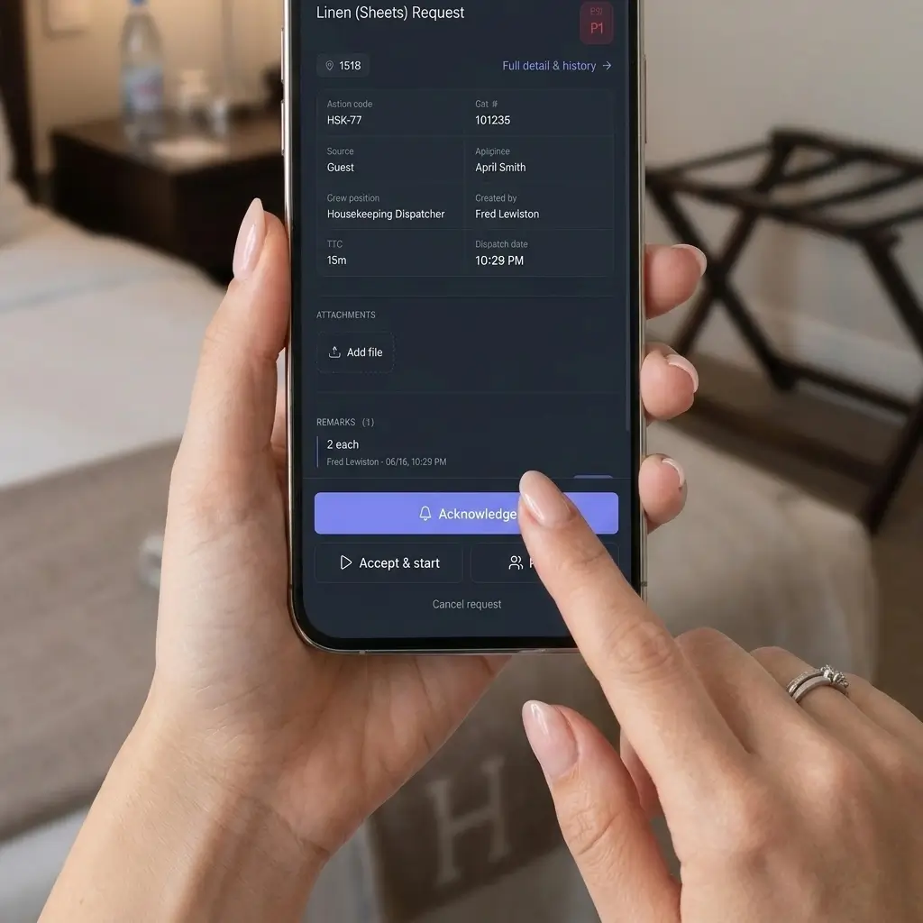 A housekeeping dispatcher acknowledging a linen action call in the Altoreva app on a phone, in a hotel room